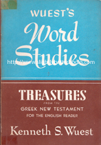 Wuest, Kenneth S. 'Treasures from the Greek New Testament for the English Reader', published in 1966 in the United States by Wm. B. Eerdmans Publishing Co. in paperback, 137pp, no ISBN. Condition: Good with some very slight wear and dirtiness to the exterior and a piece of sellotape affixed to the top and bottom of the spine. Overall a very decent paperback copy. Price: £16.00, not including post and packing (which is £2.80 for UK buyers, more for overseas customers)